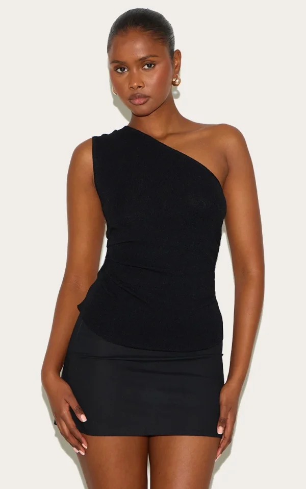 Black Fine Knit One Shoulder Ruched Side Top