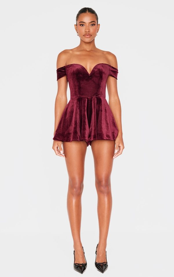 Burgundy Velvet Bardot Sweetheart Neckline Floaty Romper