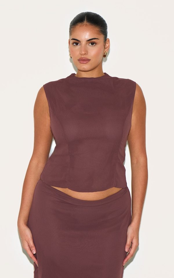 Plus Dark Plum Chiffon High Neck Cowl Top