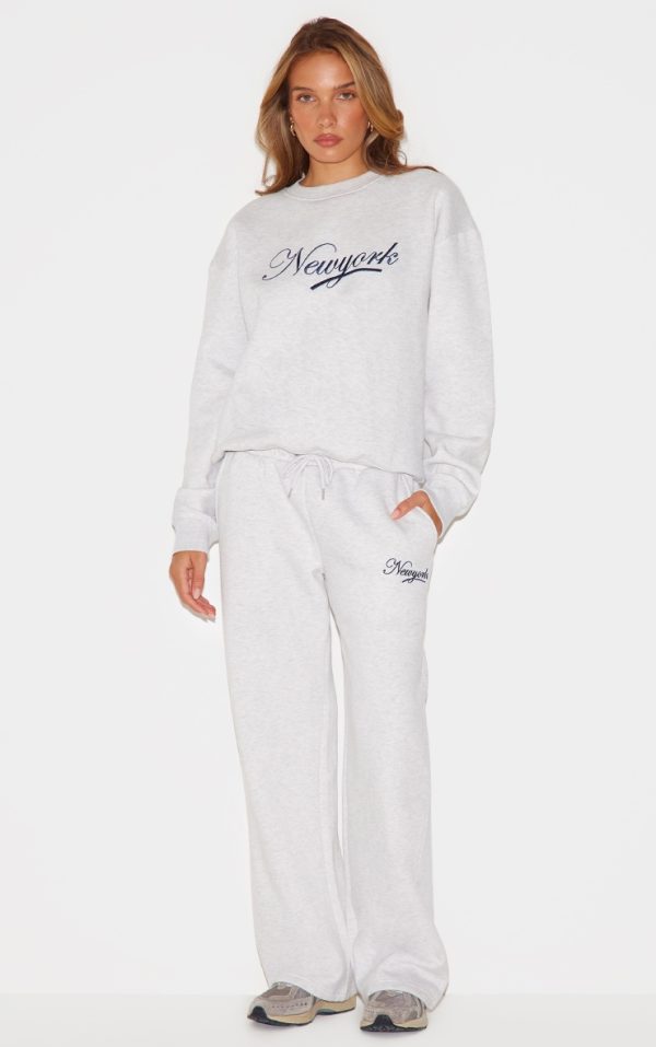 Ash Grey New York Embroidered Wide Leg Sweatpants