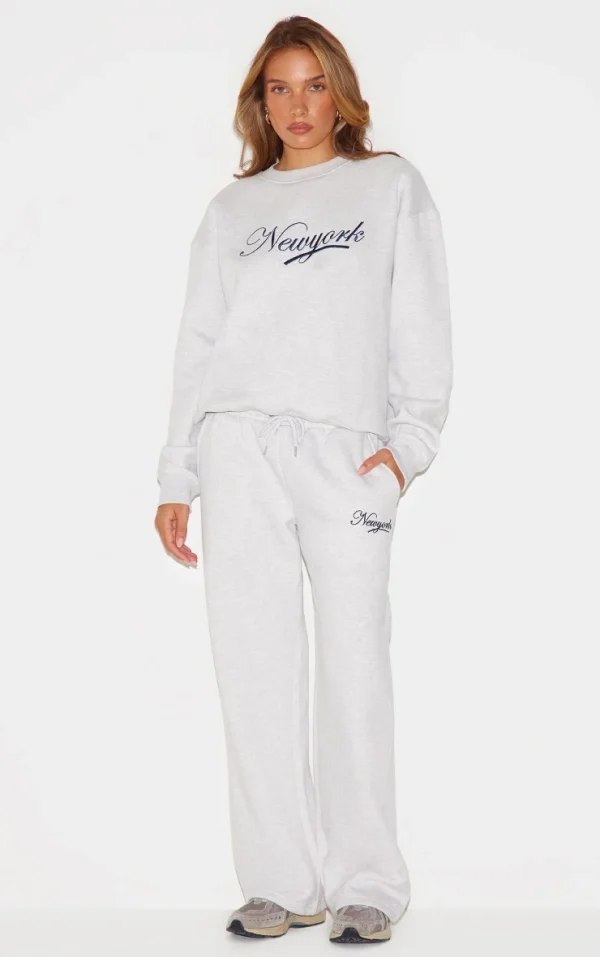 Ash Grey New York Embroidered Wide Leg Sweatpants
