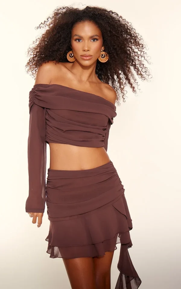 Chocolate Chiffon Off The Shoulder Long Sleeve Crop Top