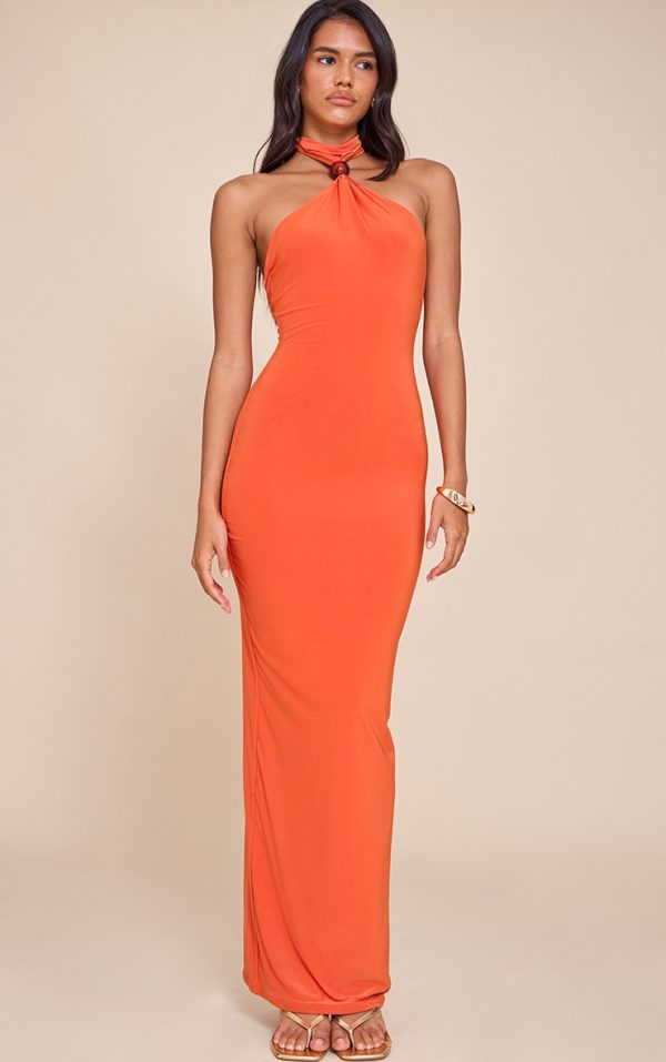 Burnt Orange Slinky Bead Detail Halter Maxi Dress
