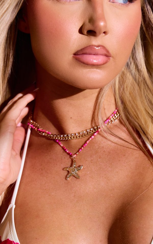 Gold Beaded Layered Starfish Necklace