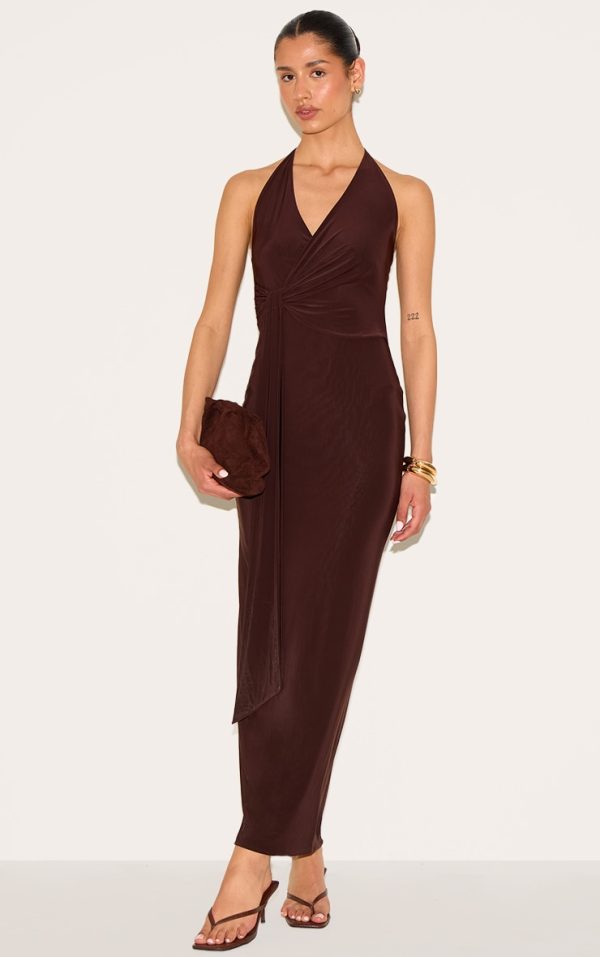 Tall Chocolate Double Layered V Neck Wrap Maxi Dress