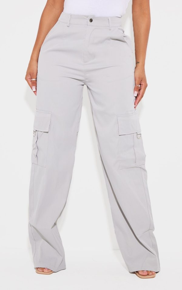 PRETTYLITTLETHING Shape Light Grey Buckle Detail Cargo Wide Leg Pants