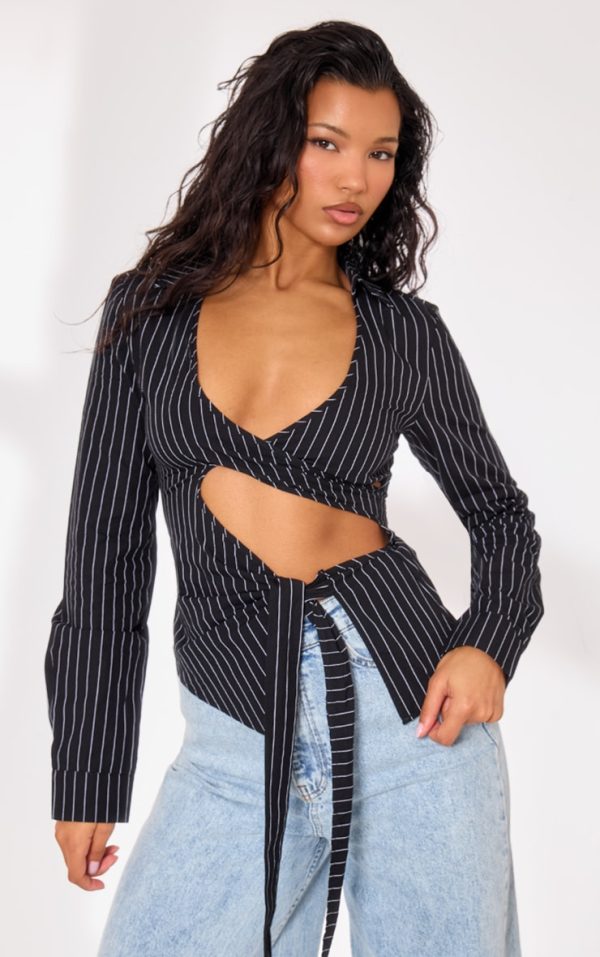 Black Pinstripe Tie Front Cut Out Shirt
