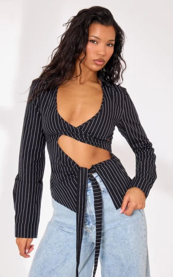 Black Pinstripe Tie Front Cut Out Shirt