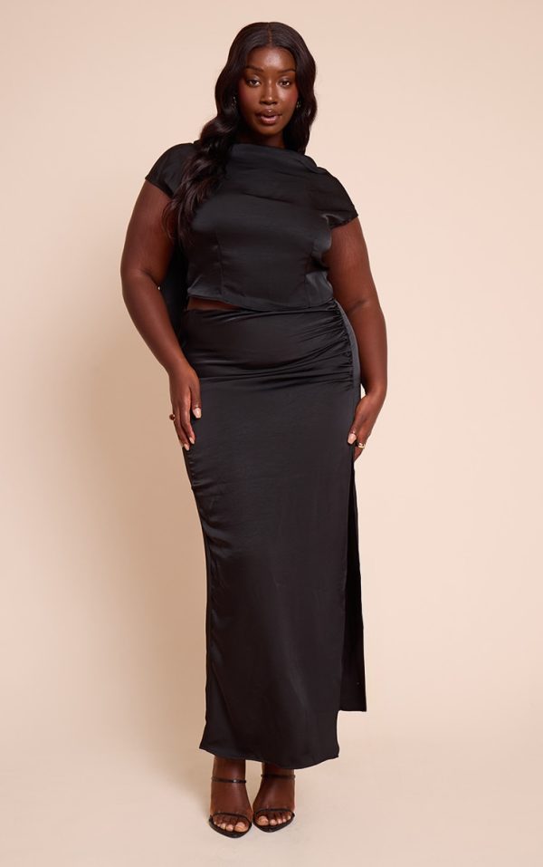 Plus Black Ruched Satin Split Detail Maxi Skirt