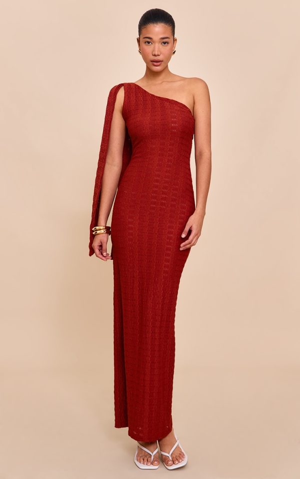Rust Textured One Shoulder Drape Detail Maxi Dress