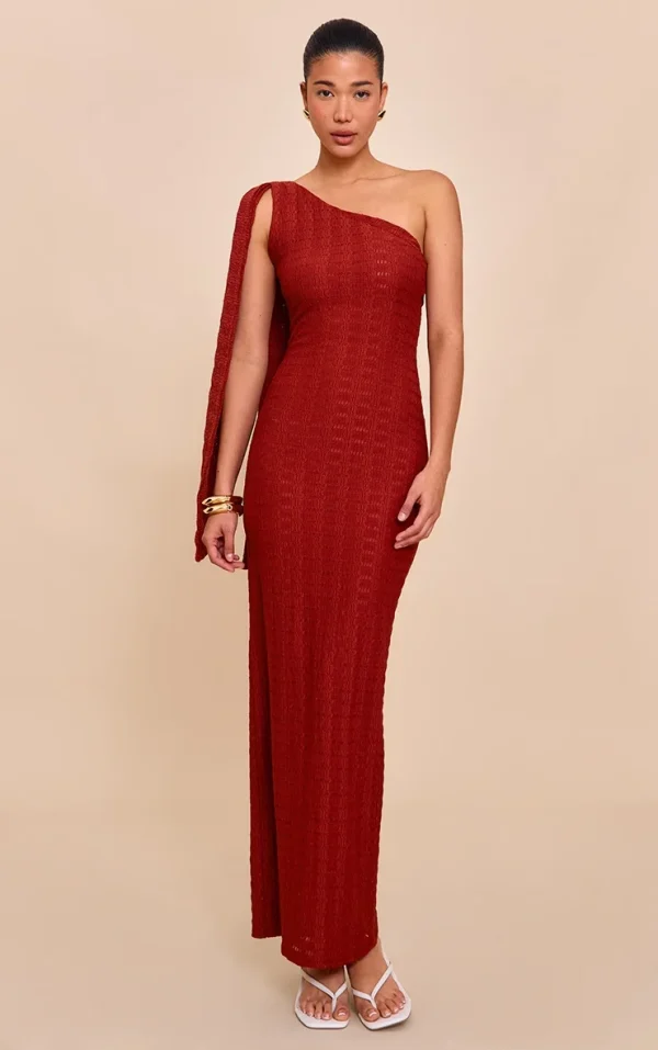 Rust Textured One Shoulder Drape Detail Maxi Dress