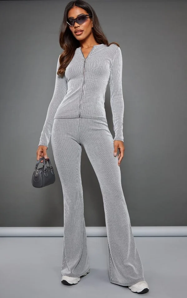 Light Grey Two Tone Rib High Waist Flares