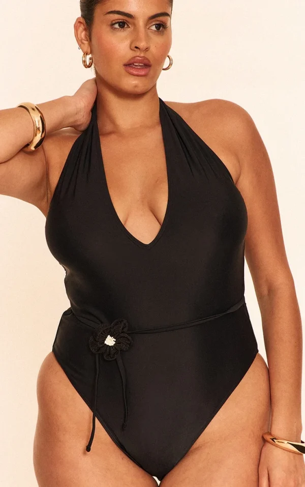 Plus Black Halter Neck Plunge Belted Swimsuit
