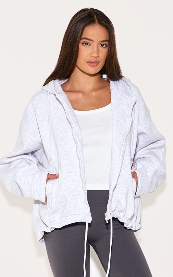 Ash Grey Oversized Zip Up Toggle Waist Hoodie
