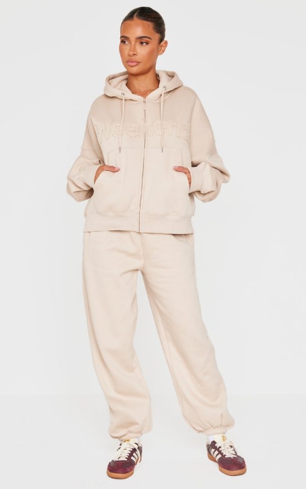 Beige Washed Weekend Applique Thin Waistband Cuffed Sweatpants