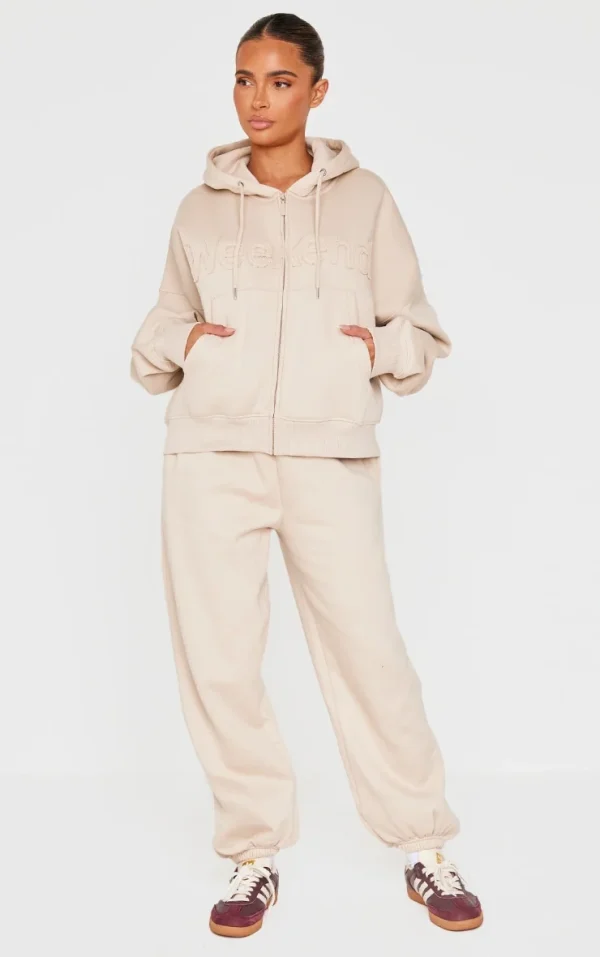 Beige Washed Weekend Applique Thin Waistband Cuffed Sweatpants