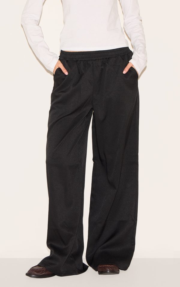 Black Woven Elasticated Waist Wide Leg Pants