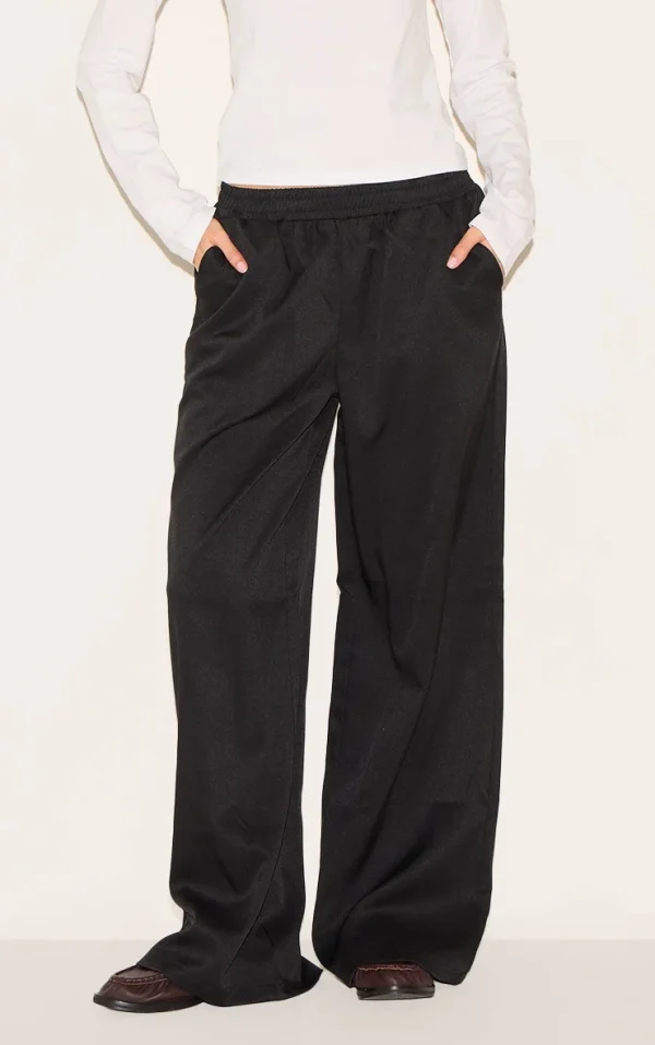 Black Woven Elasticated Waist Wide Leg Pants