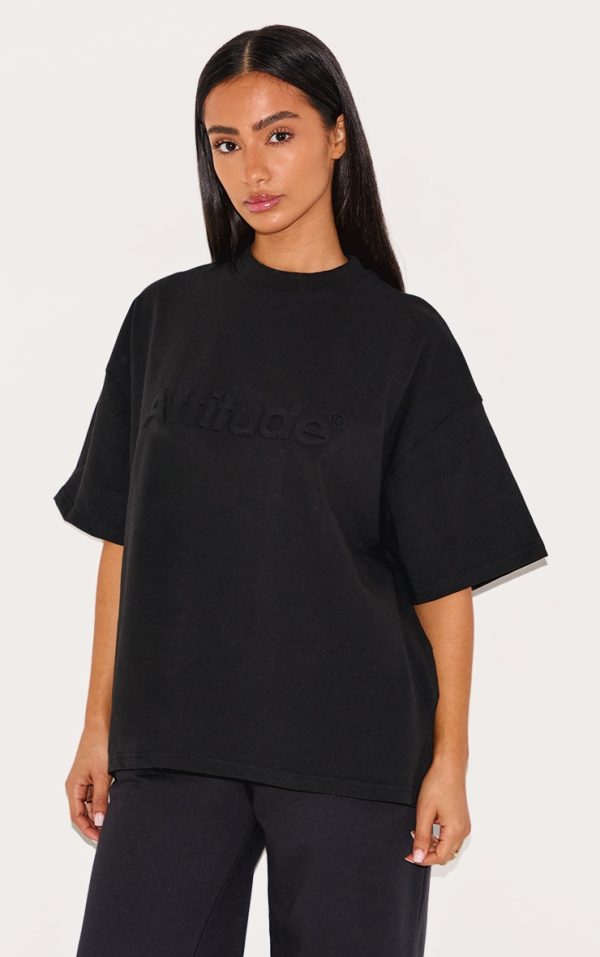Petite Black Embossed Oversized T-shirt