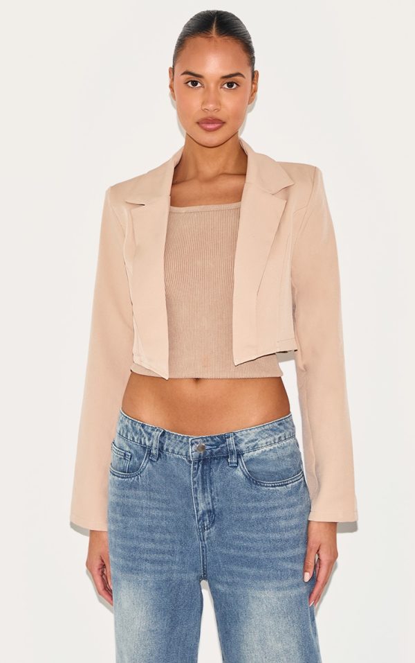 Stone Basic Woven Seam Detail Cropped Blazer