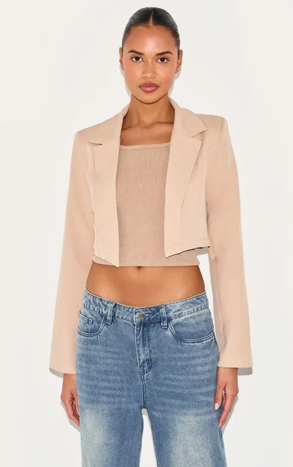 Stone Basic Woven Seam Detail Cropped Blazer