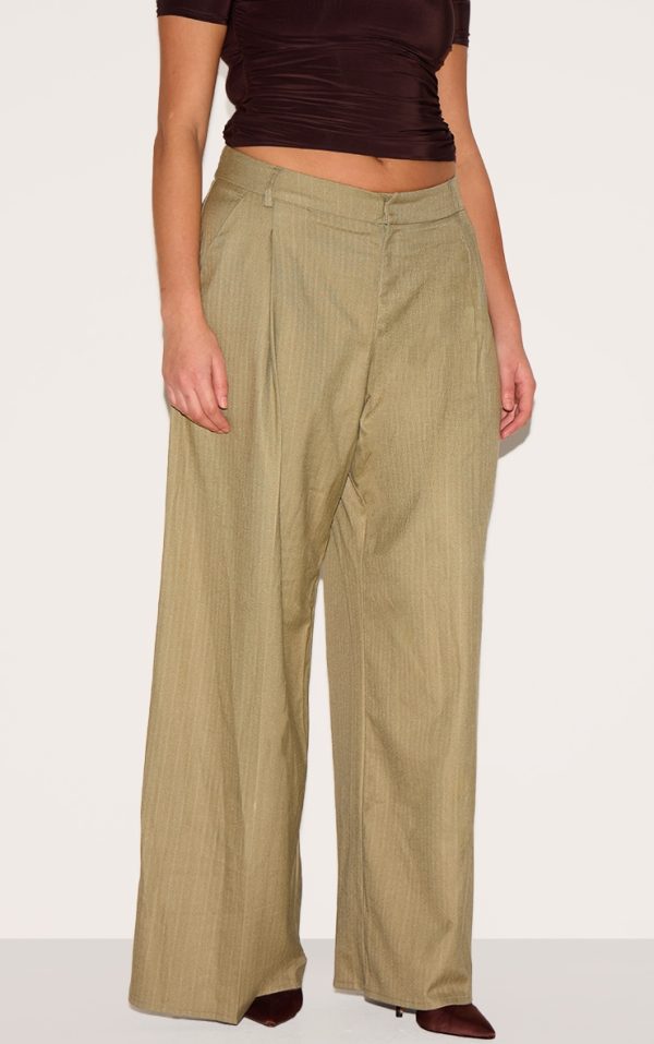 Plus Olive Premium Woven Pinstripe Tailored Straight Leg Pants