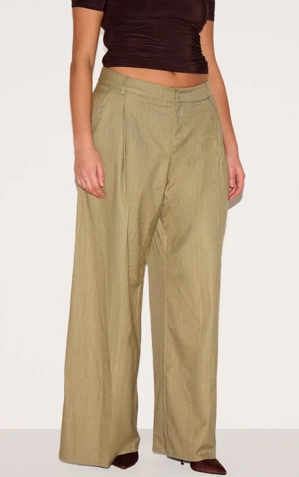 Plus Olive Premium Woven Pinstripe Tailored Straight Leg Pants