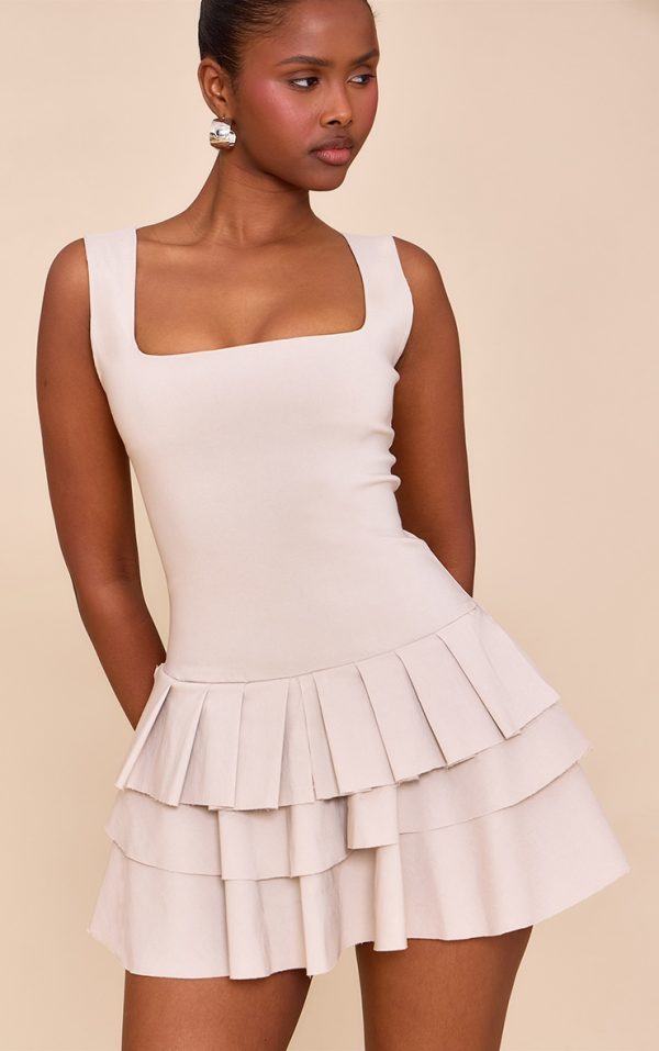 Light Taupe Stretch Woven Pleated Skort Romper