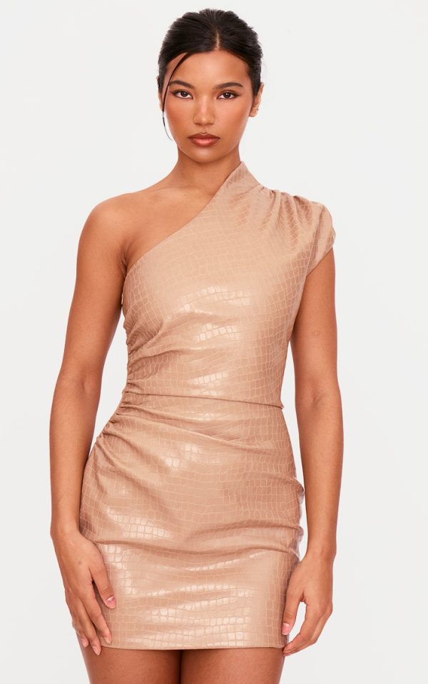 PLT Label Taupe Croc Faux Leather Asymmetric Bodycon Dress