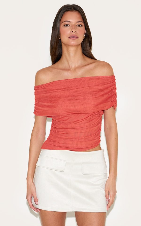 Paprika Mesh Foldover Ruched Bandeau Top