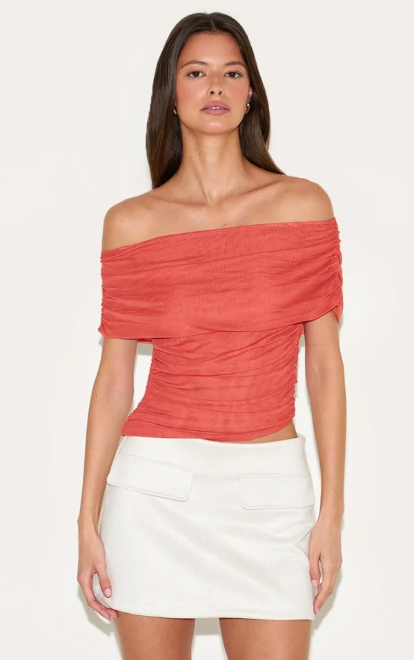 Paprika Mesh Foldover Ruched Bandeau Top