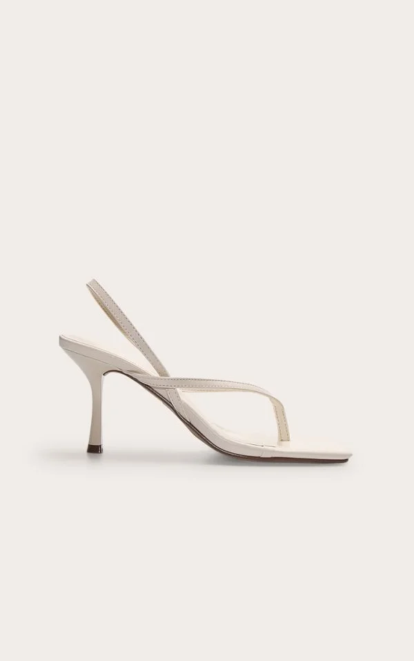 Cream Pu Square Toe Thong Sling Back Mid Heeled Sandals
