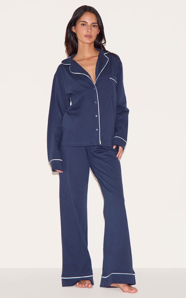 Navy Jersey Piping Detail Long PJ Set