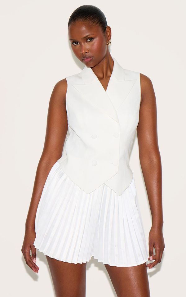 White Tailored Vest Detail Pleated Skort Romper
