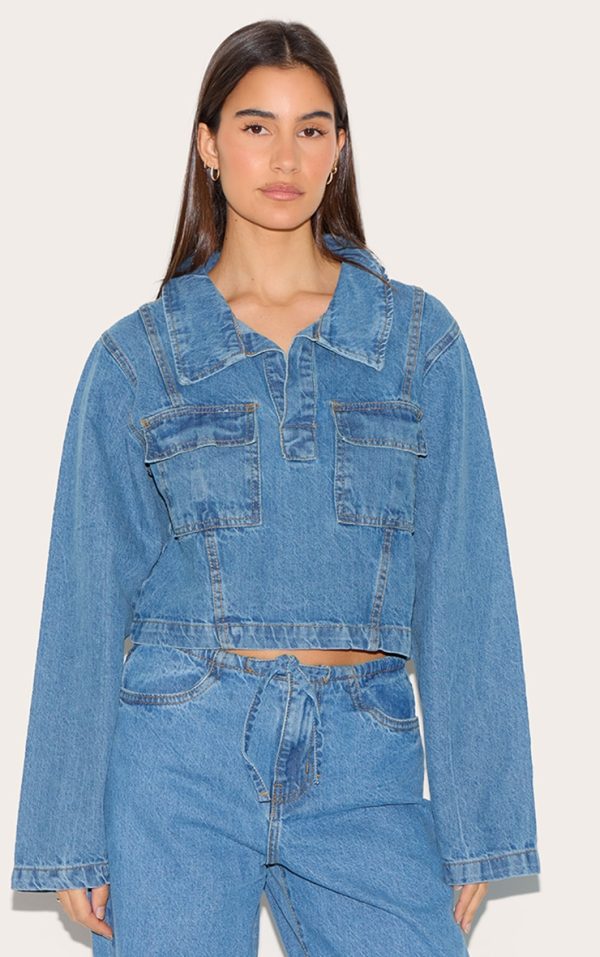 Mid Blue Wash Long Sleeve Denim Rugby Shirt