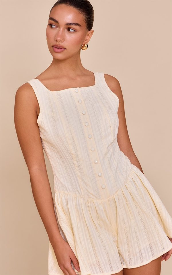 Butter Yellow Button Down Cotton Drop Waist Skort Romper