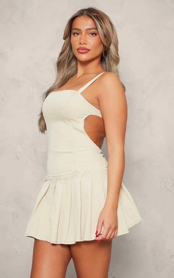 Washed Stone Cut Out Side Pleated Denim Mini Dress