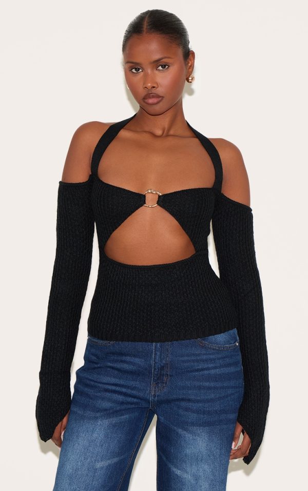 Black Bardot Halterneck Gold Trim Cross Stitch Knitted Top