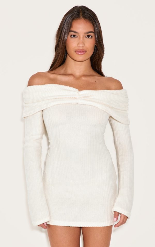 Cream Brushed Rib Bardot Long Sleeve Bodycon Dress