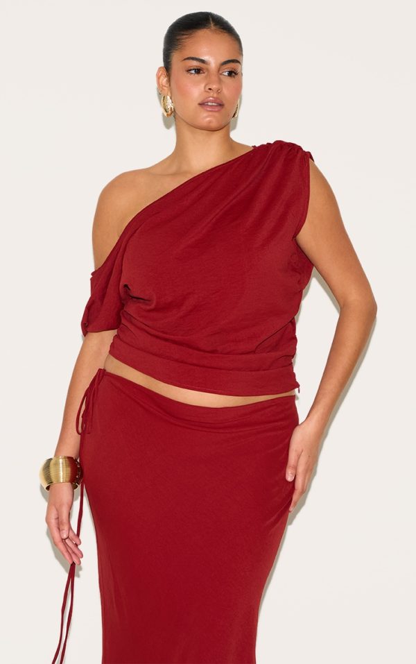 Plus Deep Red Floaty Woven Ruched One Shoulder Top