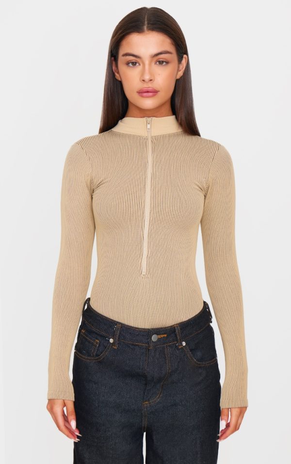 Stone Contrast Snatched Rib Zip Up Long Sleeve Bodysuit