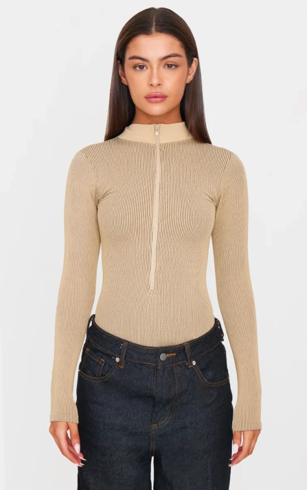 Stone Contrast Snatched Rib Zip Up Long Sleeve Bodysuit