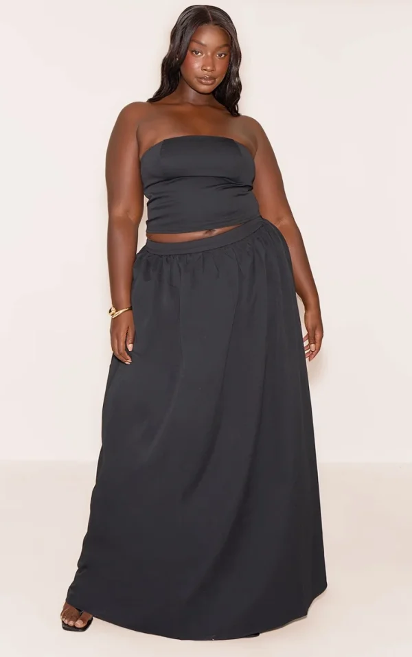 Plus Black Woven Band Detail Pleated Maxi Skirt