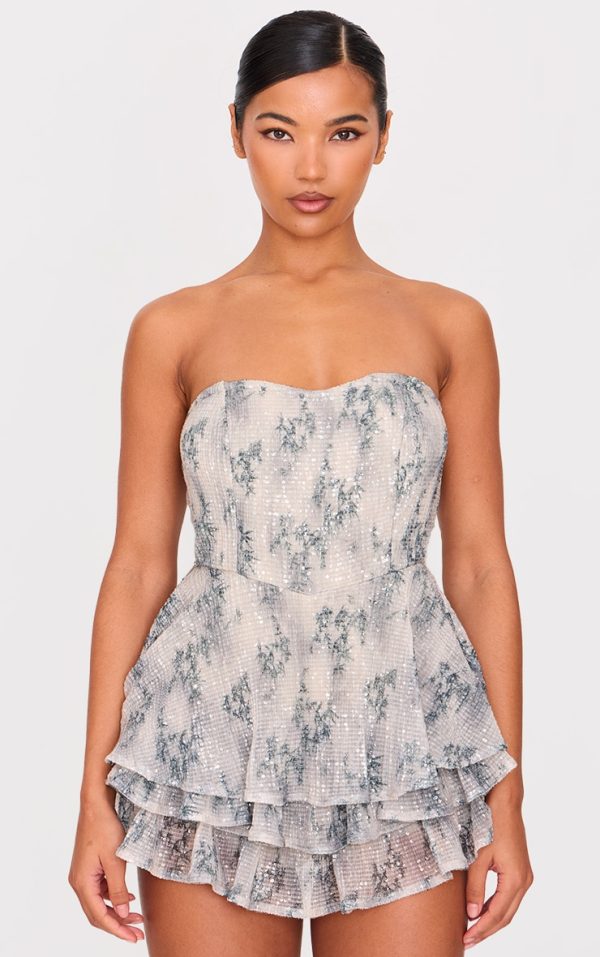 Premium Lilac Floral Print Embellished Bandeau Rara Romper