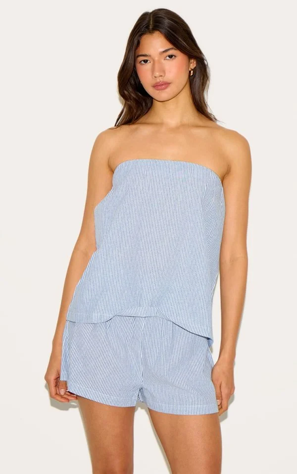 Blue Pinstripe Elasticated Bandeau Top
