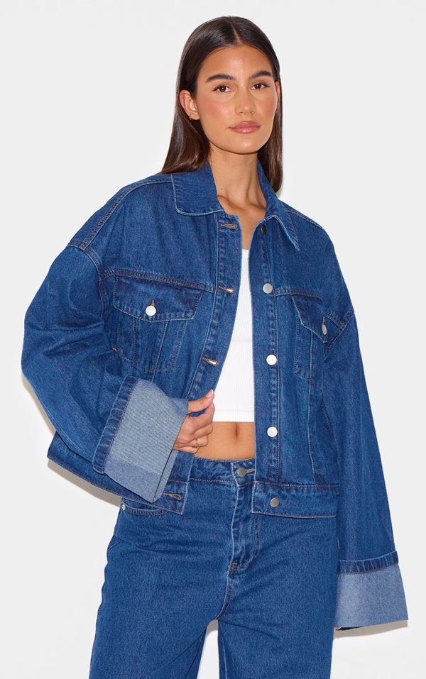 Mid Blue Wash Contrast Stitch Turn Up Cuff Oversized Denim Jacket