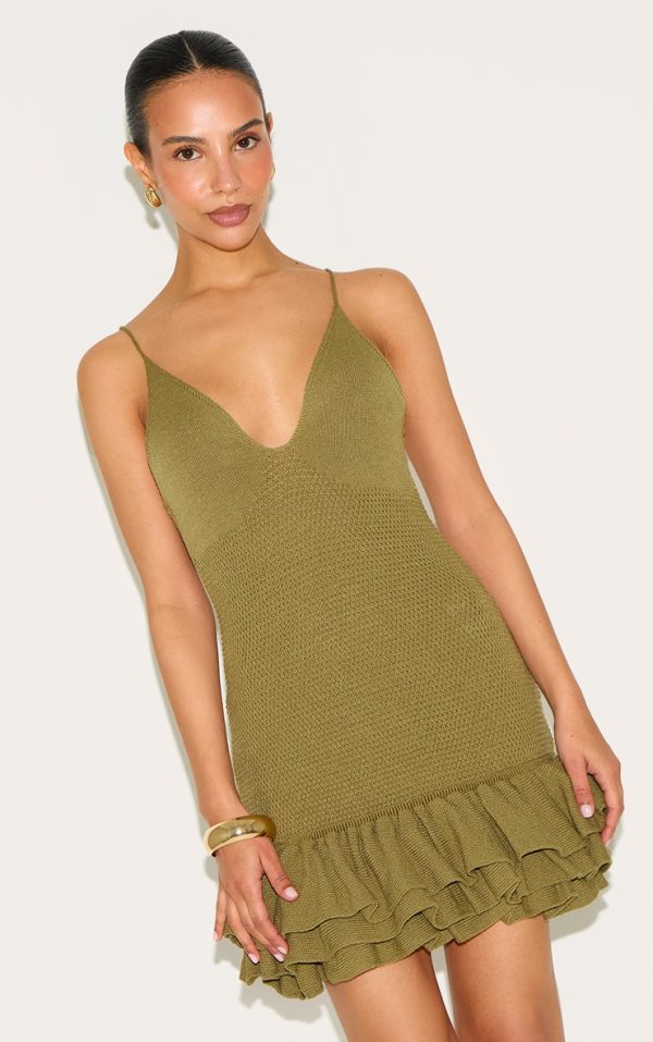 Petite Olive Knitted Frill Hem Strappy Mini Dress