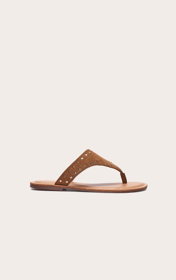 Tan Faux Suede Stud Detail Toe Thong Flat Sandals
