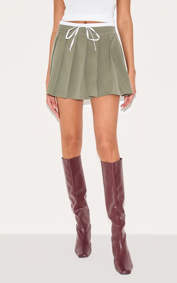 Khaki Drawstring Double Waistband Tailored Pleated Mini Skirt