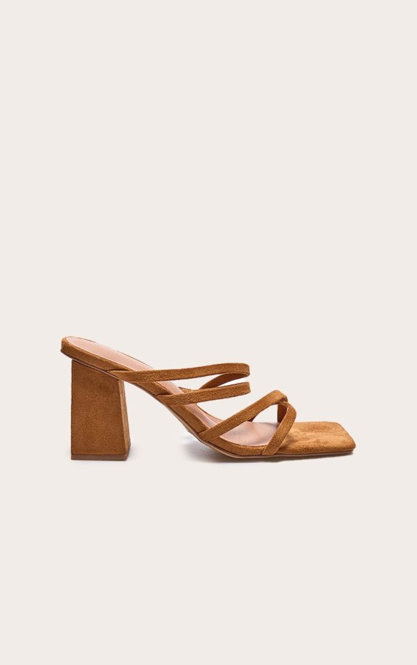 Tan Faux Suede Square Toe Strappy Block Heel Mules